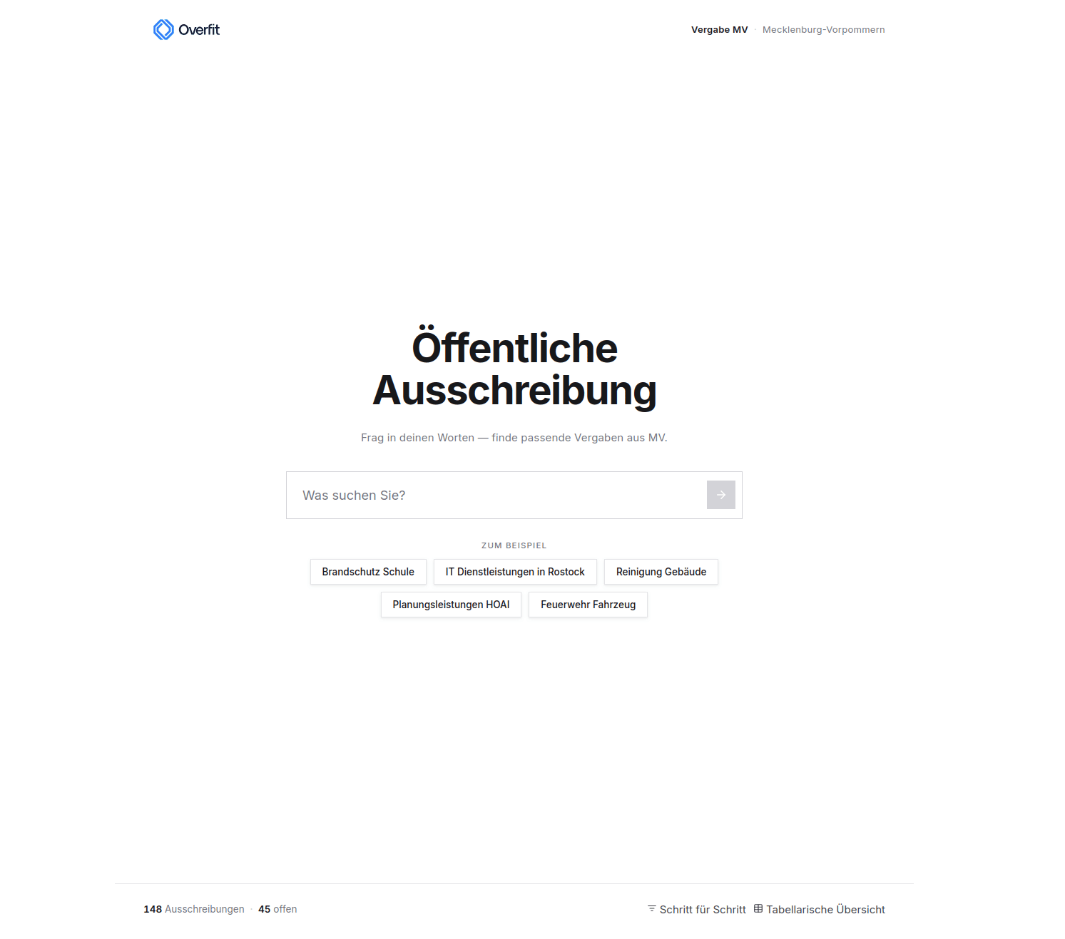 Vergabe MV v1 — eine Suchzeile für 148 öffentliche Aufträge